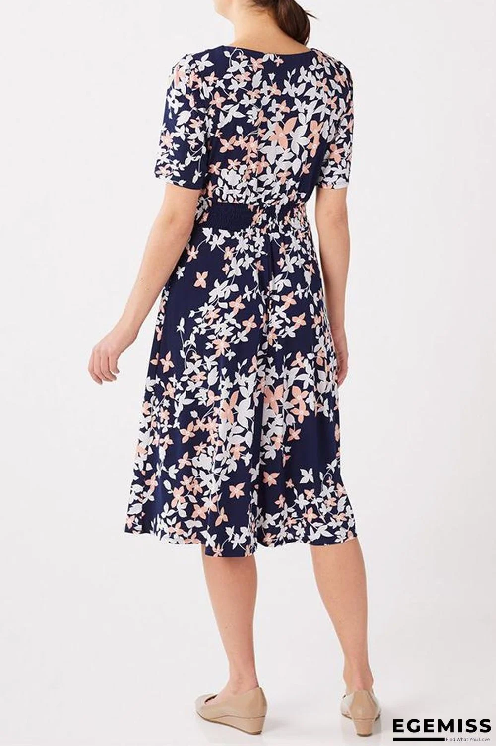 Floral Print Paneled Short Sleeves Elegant A-line Midi Dress | EGEMISS