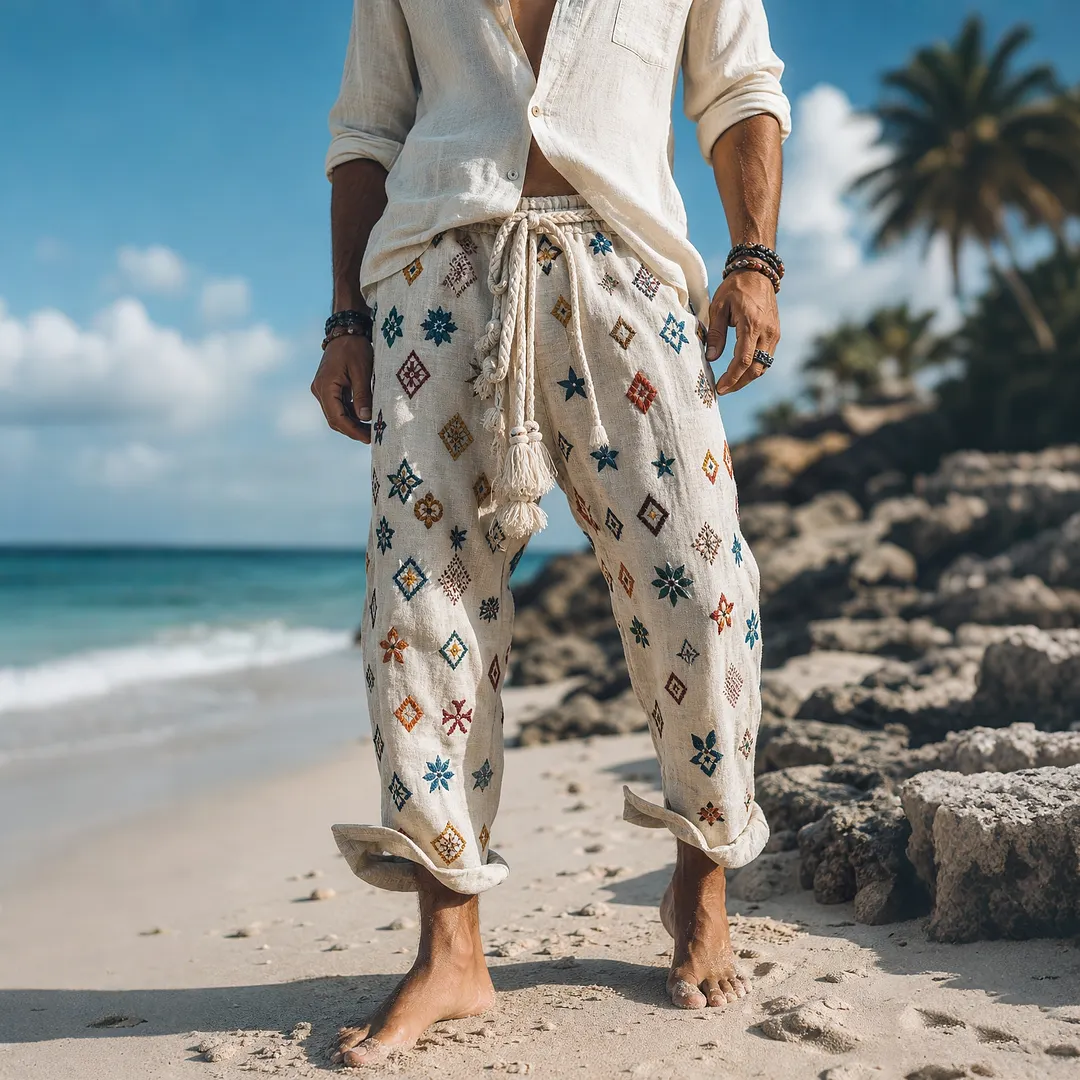 Boho Style Linen Cotton Blend Embroidered Harem Pants &ndash; Lightweight, Breathable & Comfortable For Summer And Beach Wear-INSPIREUSE