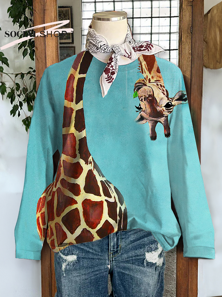 Giraffe Fun Animal Print Round Neck Long Sleeve Sweatshirt socialshop