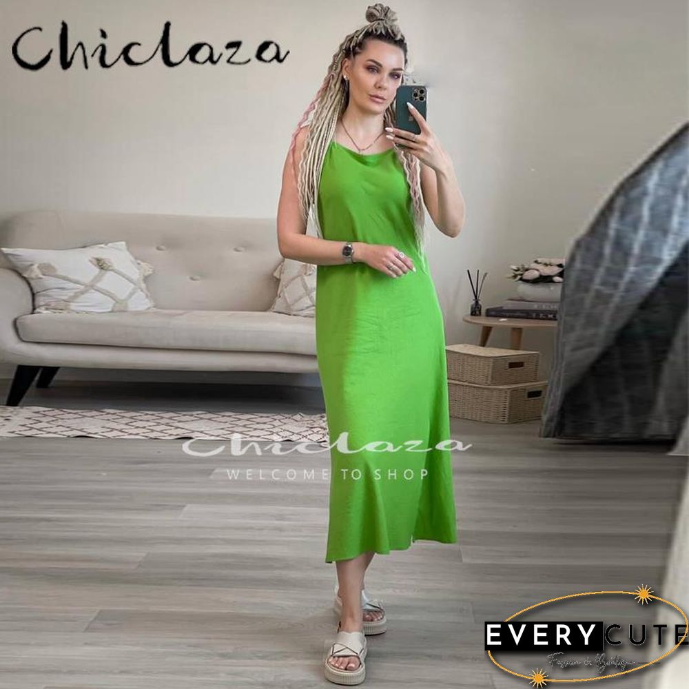 Summer Women Fashion Sleeveless Linen Slip Party Dresses Female Slim Solid Color Simple Casual Midi Dress