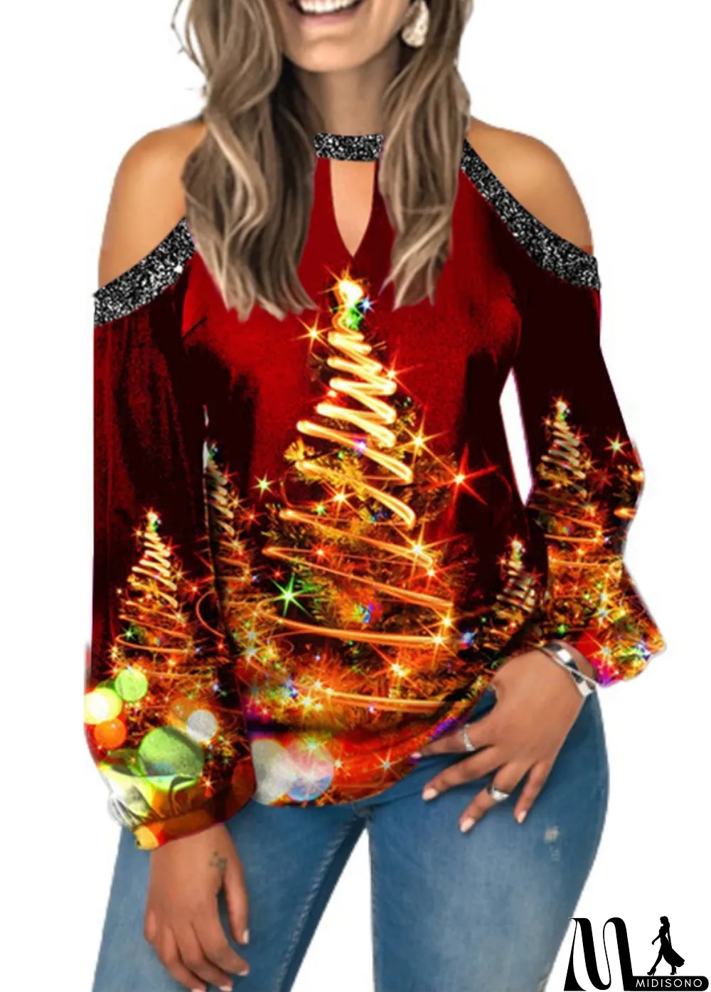 MidiSono - Christmas Sexy Print Hollow Out Sequins Long Sleeve Top
