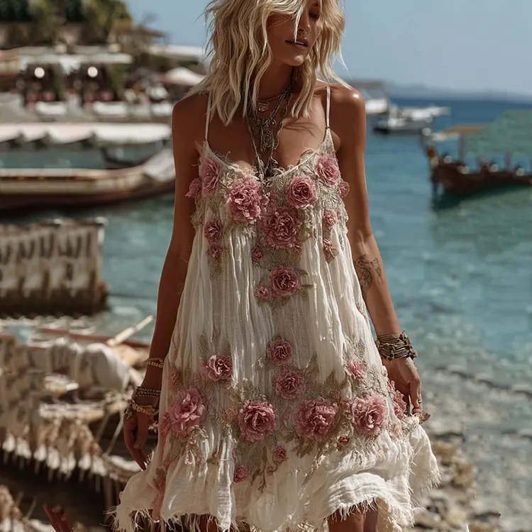 Women's Vintage Floral Embroidery Art Comfy Linen Mini Dress