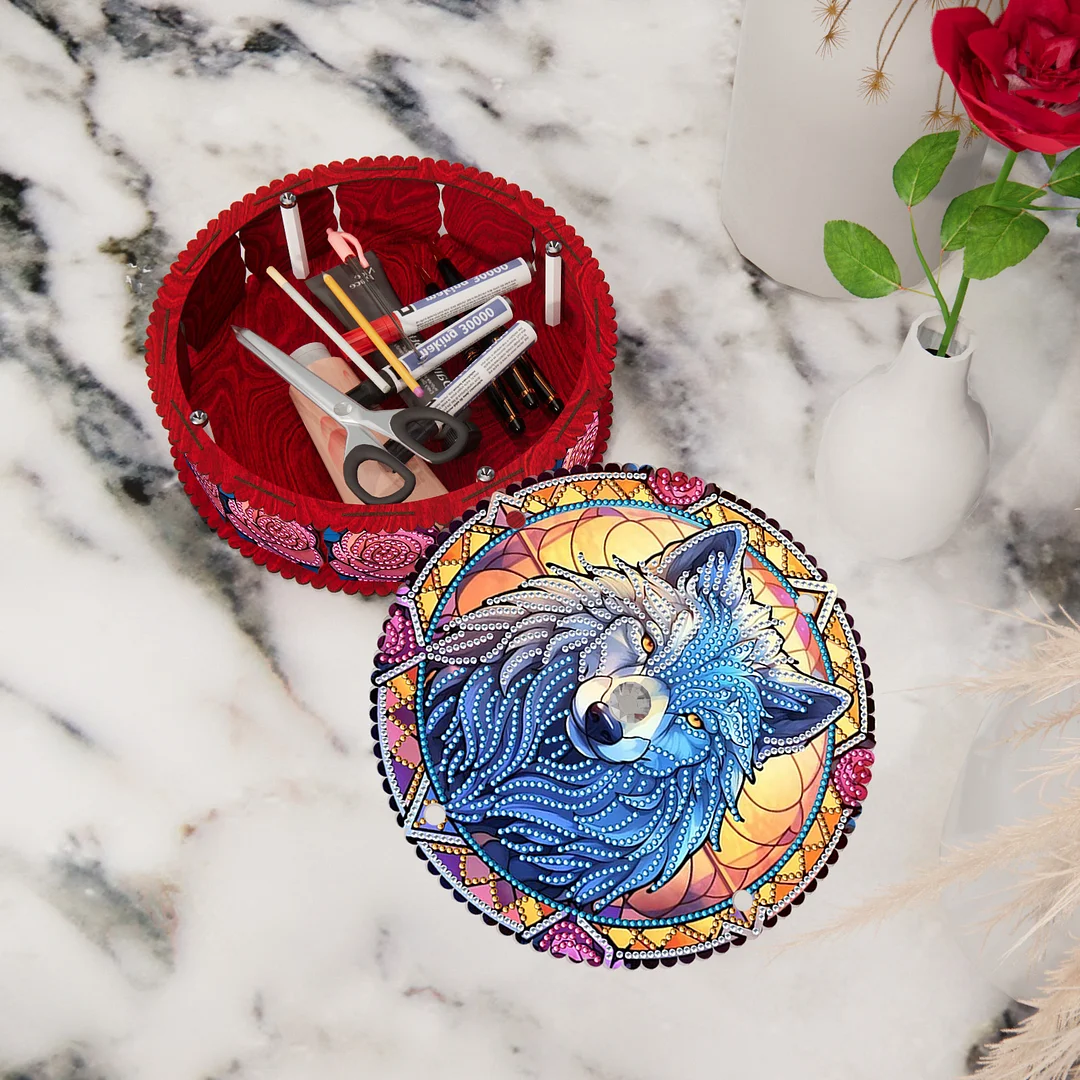 Wolf 5D DIY Diamond Art Painting Snack Box with Lid Home Wood Storage Organizer