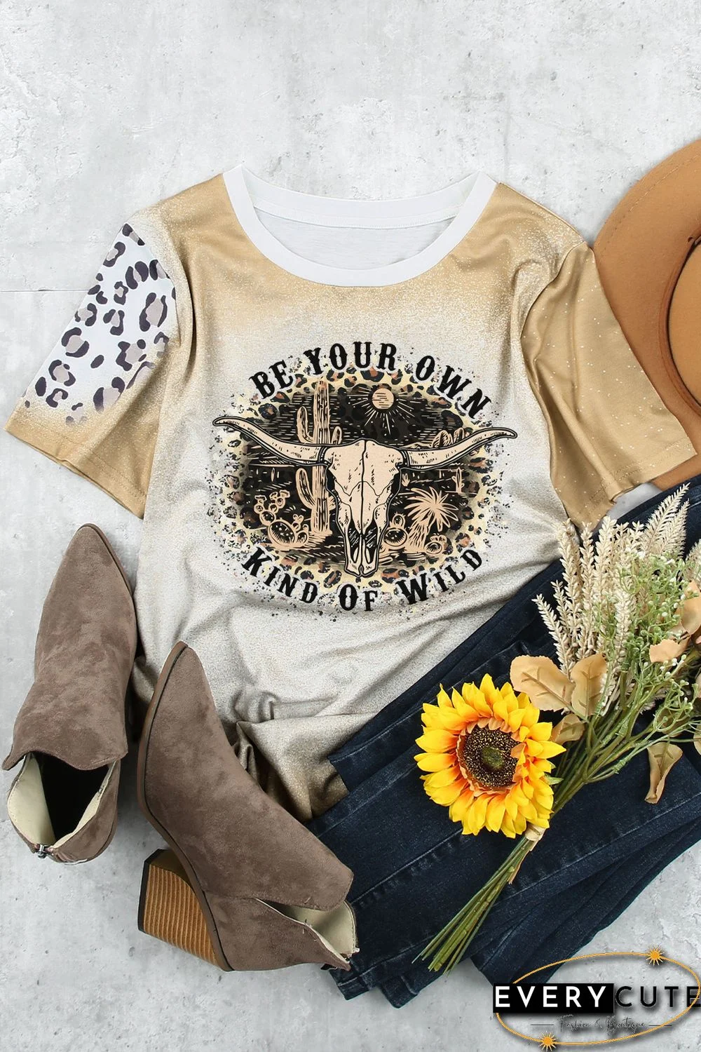 Khaki Western Steer Skull Letter Leopard Print Graphic Tee