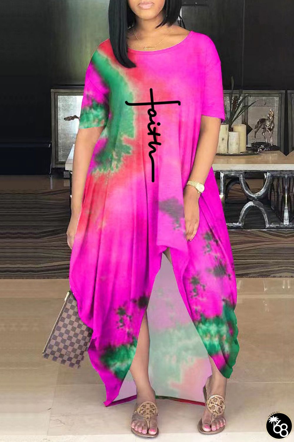 Rose Red Casual Print Tie-dye O Neck Short Sleeve Dress | 168DEAL