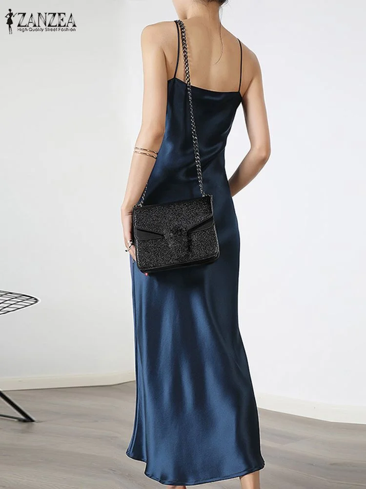 Women Spaghetti Strap Party Dress 2022 ZANZEA Fashion Summer Sundress Female Slip Dresses Solid Elegant Vestidos