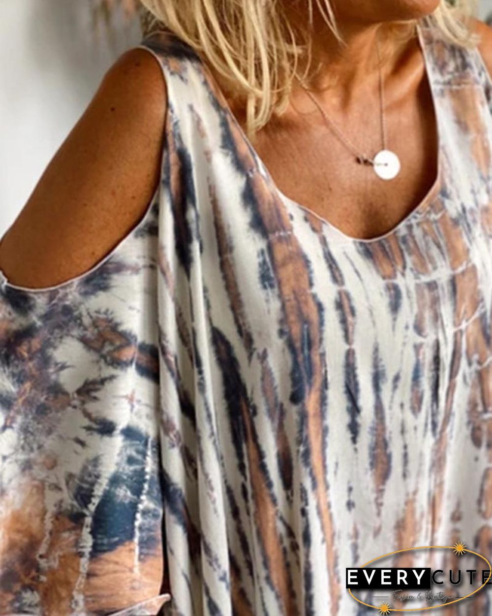 Tie-Dye Multi-Colored Print Cold-Shoulder Loose Maxi Dress P15979