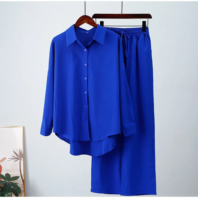 Brownm Brownm Fashion Autumn And Winter New Loose Elastic Wrinkle Long-Sleeved Shirt Broad Leg Pants Casual Suit Women 2 Sets