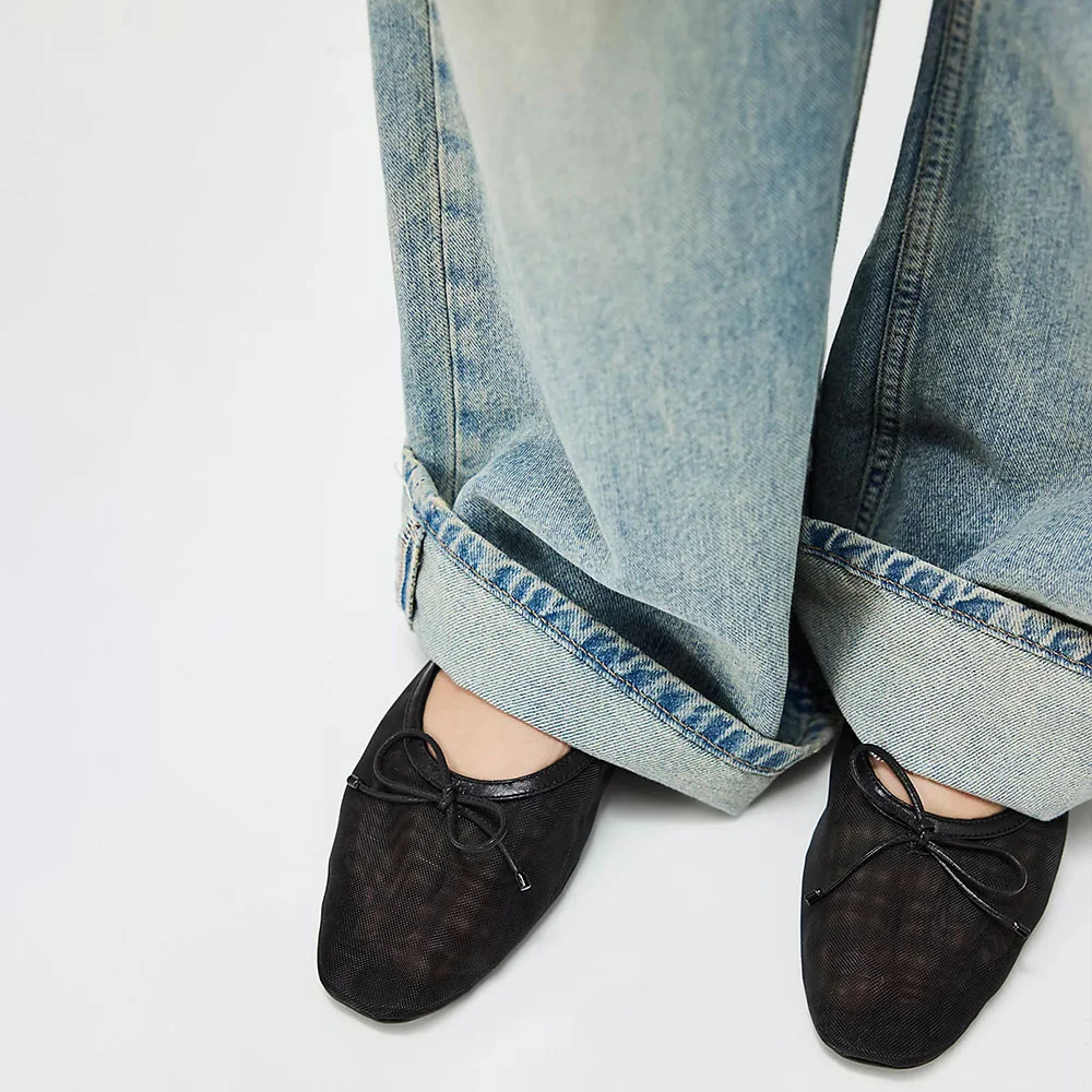 YDN Women's Black Square Toe Bow Decor Casual Mesh Flats