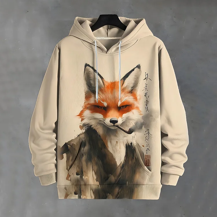 Men's Japanese Art Fox Print Vintage Hooded Sweatshirt
