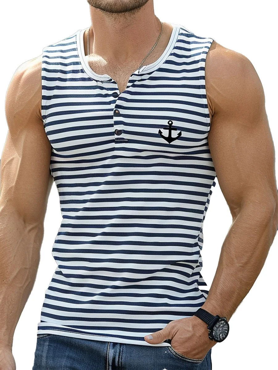 Men's Crew Neck Button Anchor And Stripe Print Casual Tank