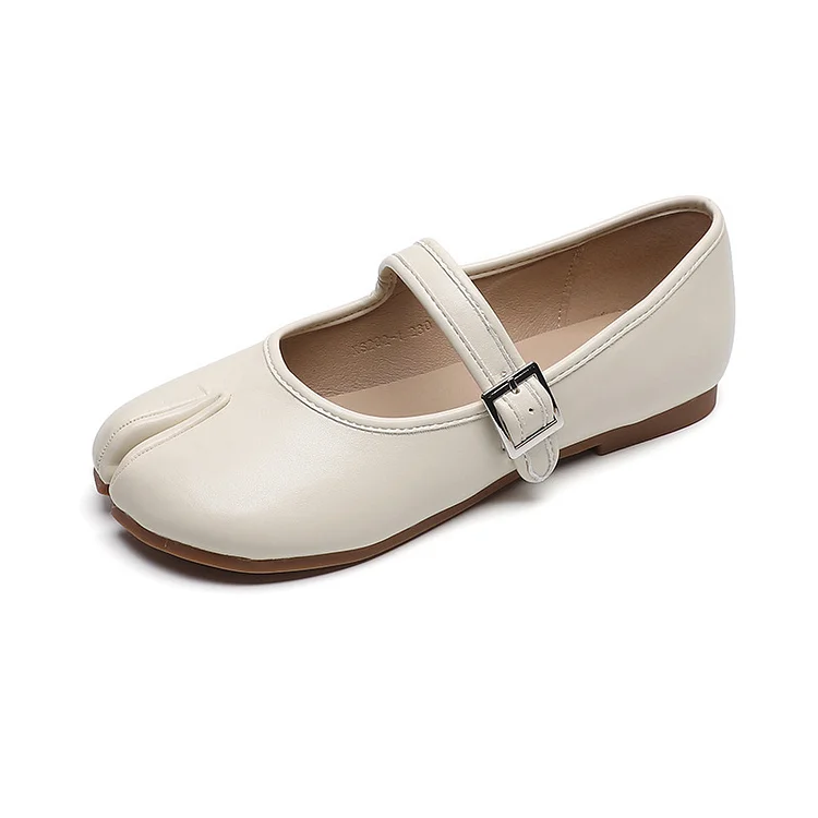 Womens Extra Wide Leather Hollow Tabi Split Toe Mary Janes Bukcle Strap Casual Shoes Flats  Stunahome.com