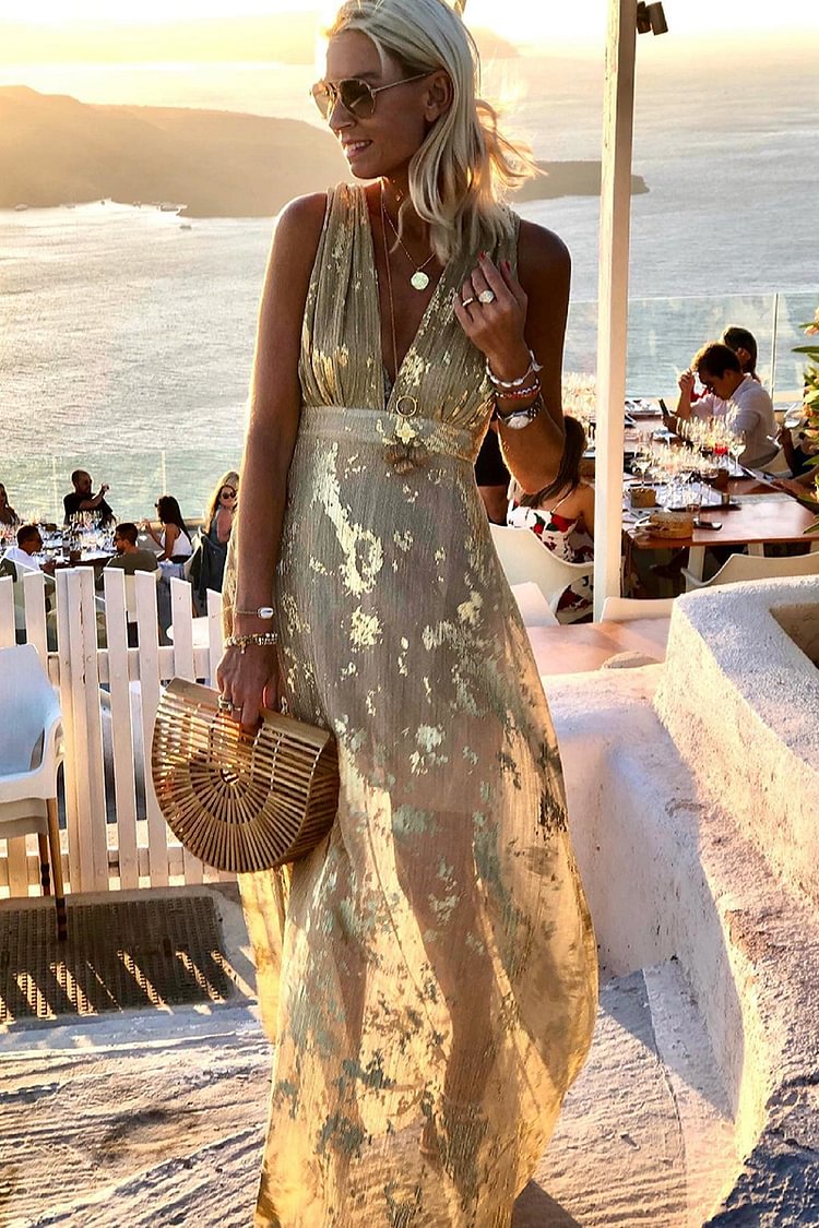 Gold Print Sleeveless Plunging Neck Maxi Dresses