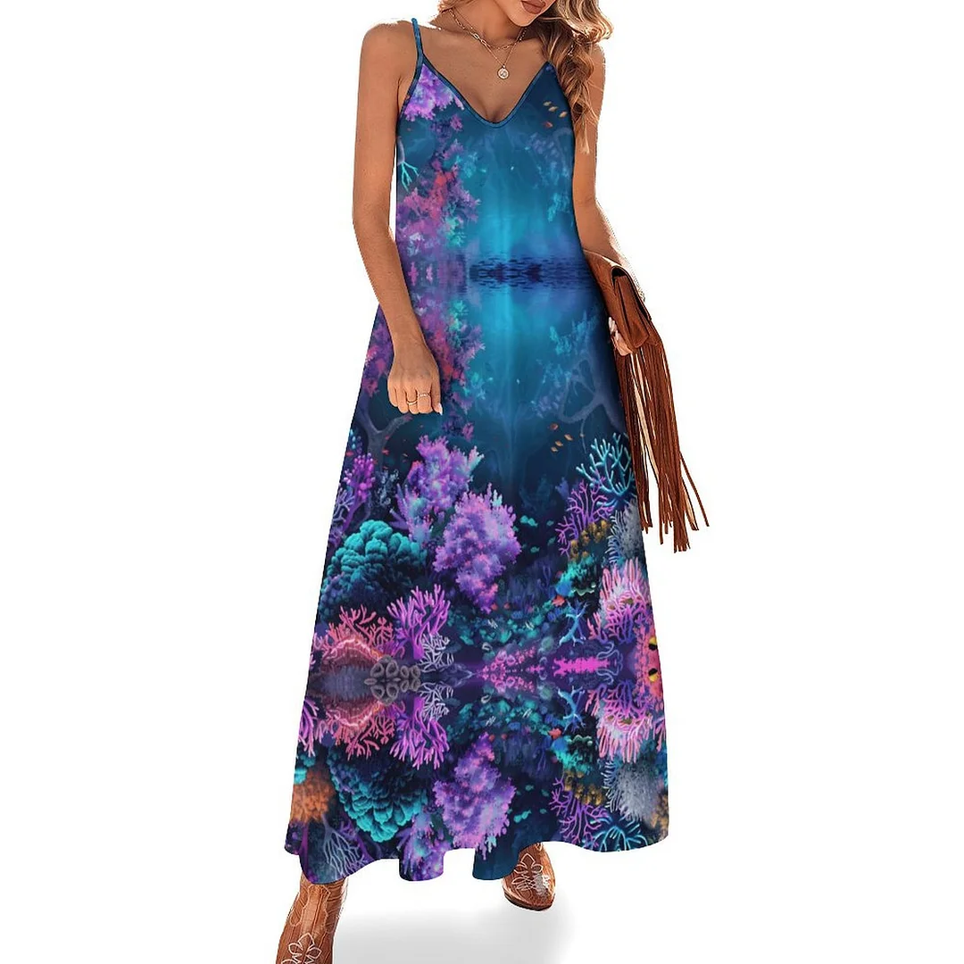 Style & Comfort for Mature Women Plus Size Printed Sling Casual Women Maxi Dress in Pattern Ocean, Blue, Sea, Fish