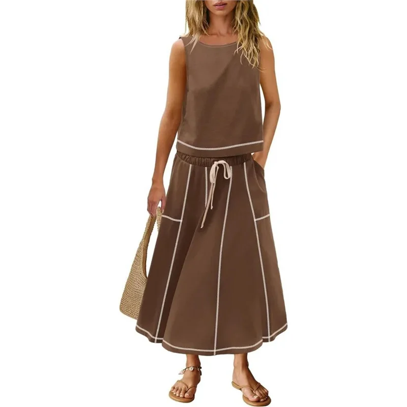 Athvotar Athvotar Hot 2025 New Summer Vacation Sleeveless Vest Half-Dress Cotton-Song Set Two-Piece Set