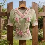 Women's Bohemian Pink Rose Refreshing V-neck Short Sleeve Top - Image 2