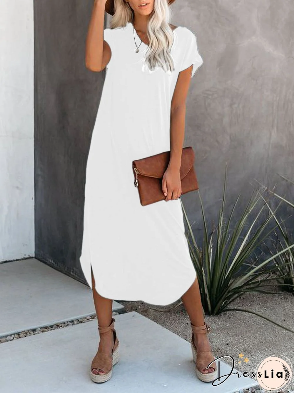 V Neck Cotton-Blend Solid Short Sleeve Casual Dresses