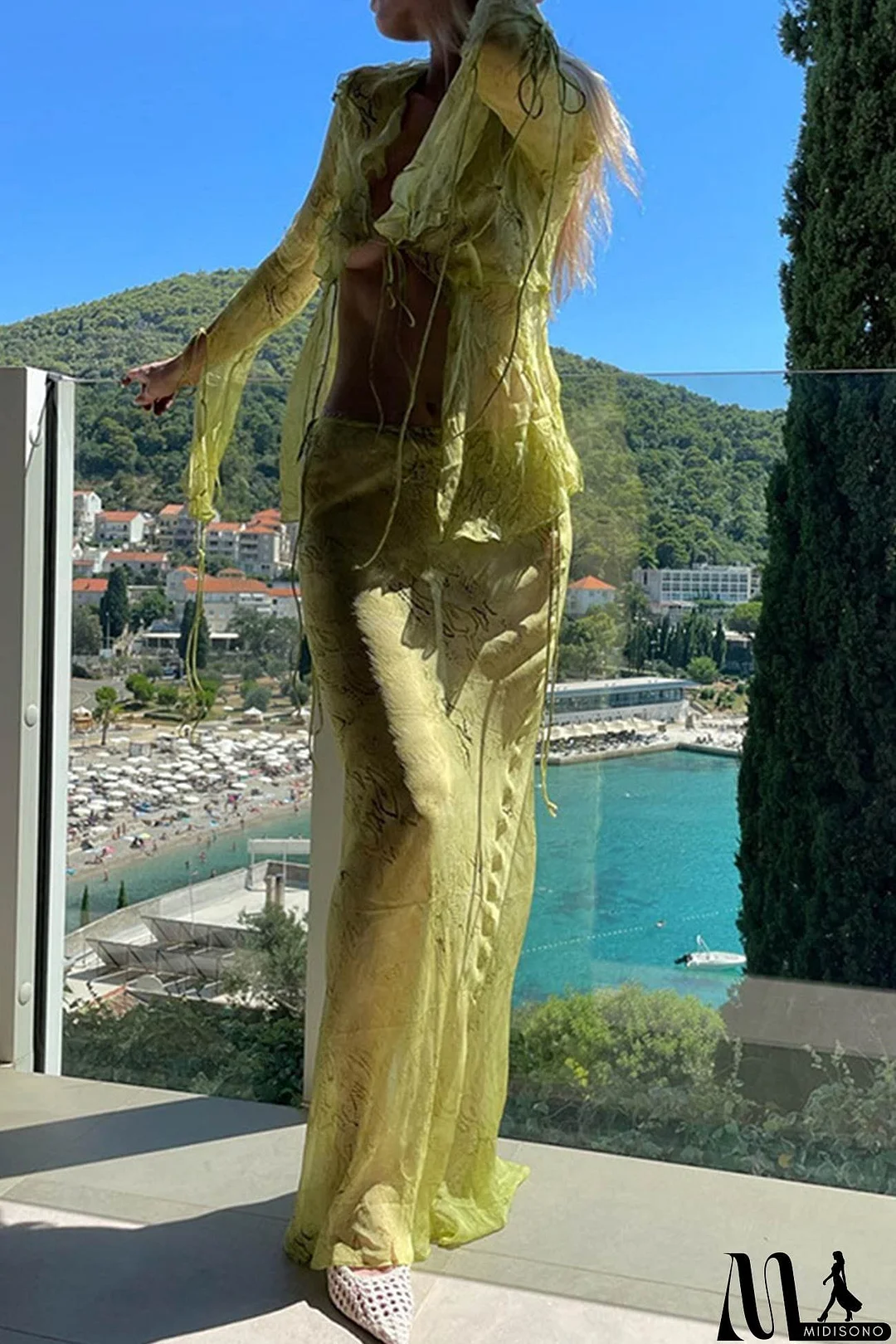 MidiSono - Mesh Printed Strappy Cardigan Skirt Suits