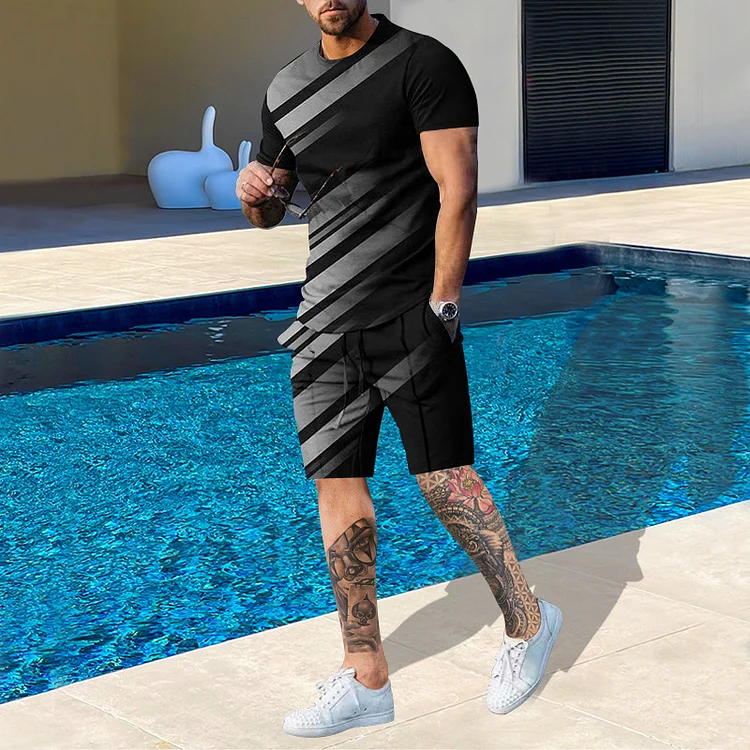 BrosWear Fashion Men's Abstract Geometric Gradient Short Sleeve T-Shirt And Short Co-Ord