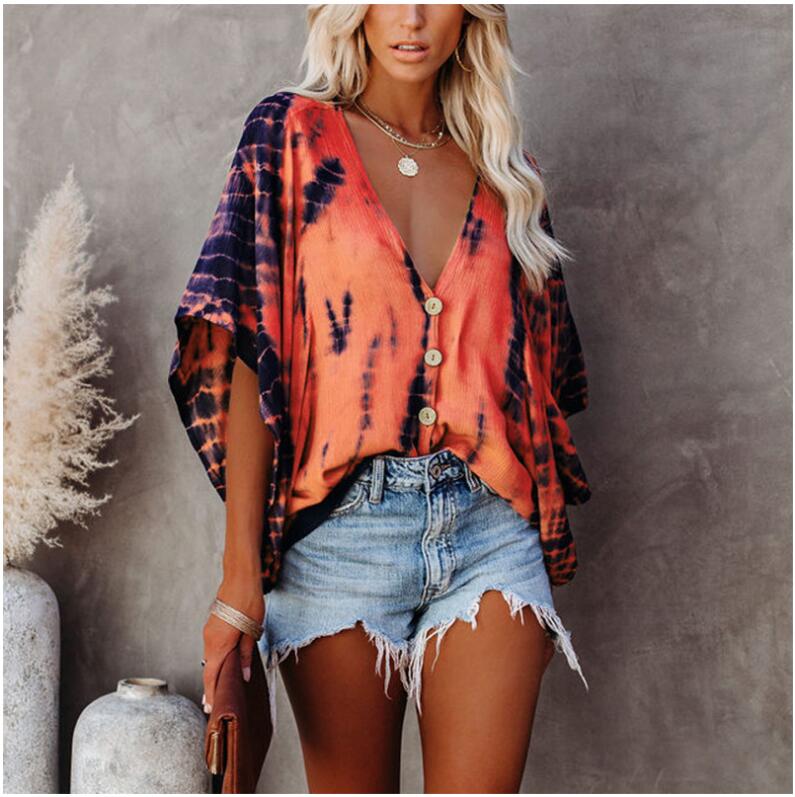 Casual Shirt Women Fashion Dry Print V-neck Loose Basic Tops Summer Blouses