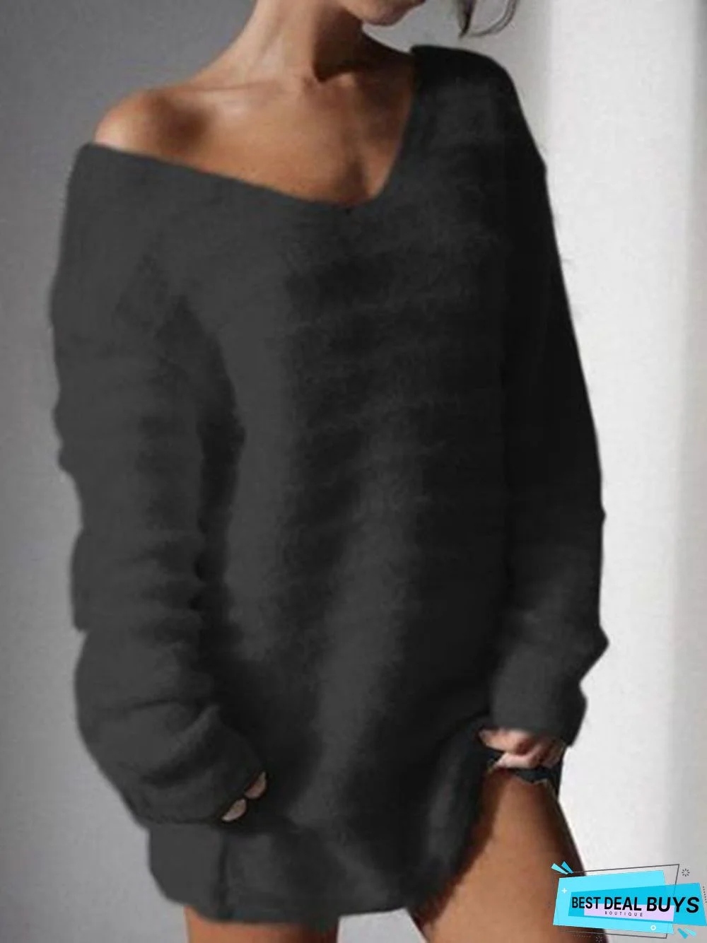 Women V Neck Fuzzy Sweater Solid Cashmere Fleece