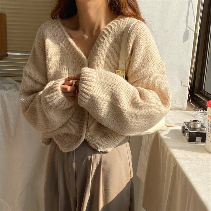 Autumn Long Sleeve V-Neck Solid Single Breasted Knitted Cardigan