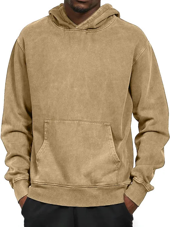 Men's Basic Washed Distressed Pocket Casual Hooded Sweatshirt PLUSCLOTHESMAN