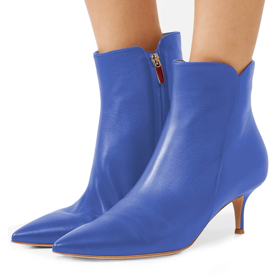 YDN Blue Kitten Heel Side Zipper Pointed Toe Booties for Women