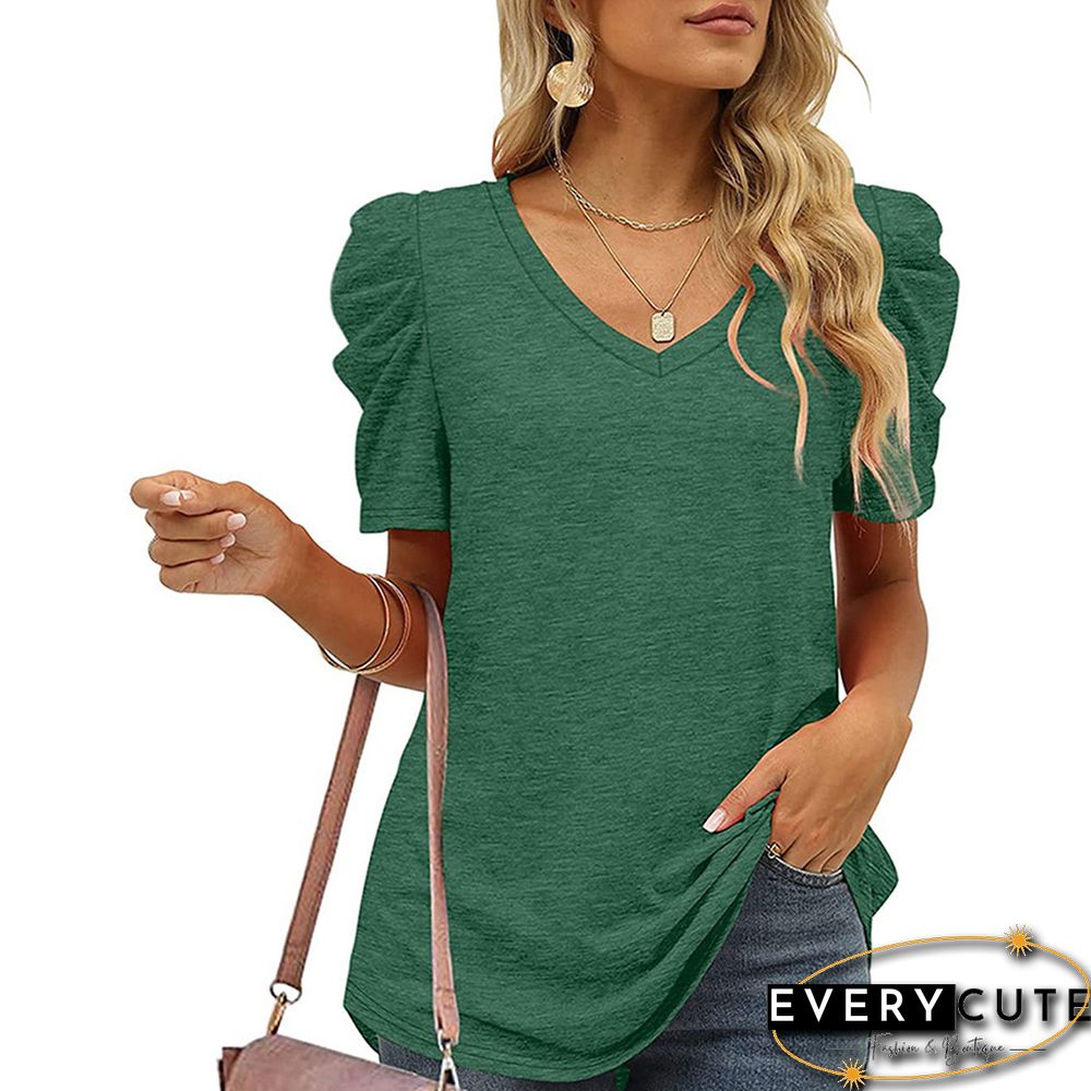 Green V Neck Ruched Short Sleeve T-shirt