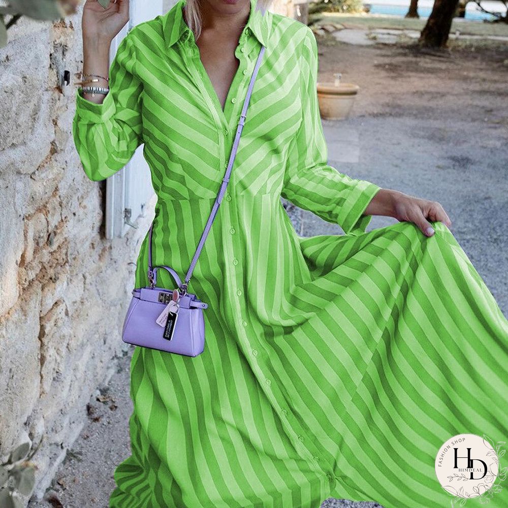 Womens Autumn Turndown Collar Long Dress Fashion Striped Print Single Breasted Ladies