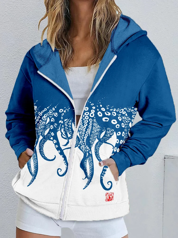 Tentacles Lino Art Contrast Color Zip Up Cozy Hoodie