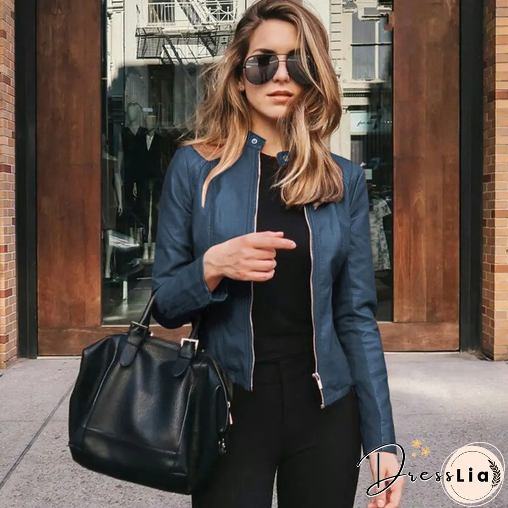 Women Spring Zipper Casual PU Leather Soft Motorcycle Leather Jacket Coat