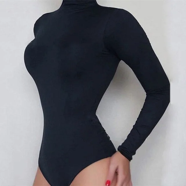 Turtleneck Long Sleeve Solid White Sexy Bodysuit