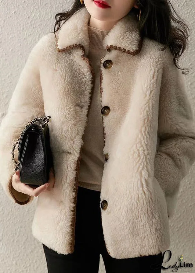 Fitted Beige Peter Pan Collar Pockets Patchwork Wool Coat Winter