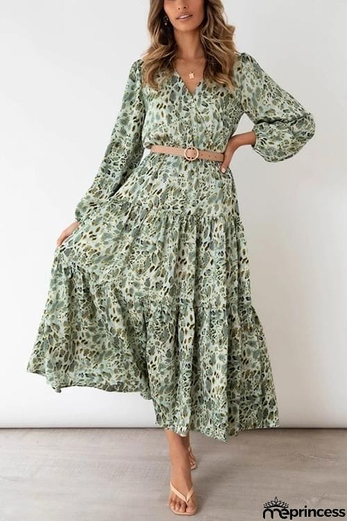 Print Belted Long Sleeve Maxi Dress