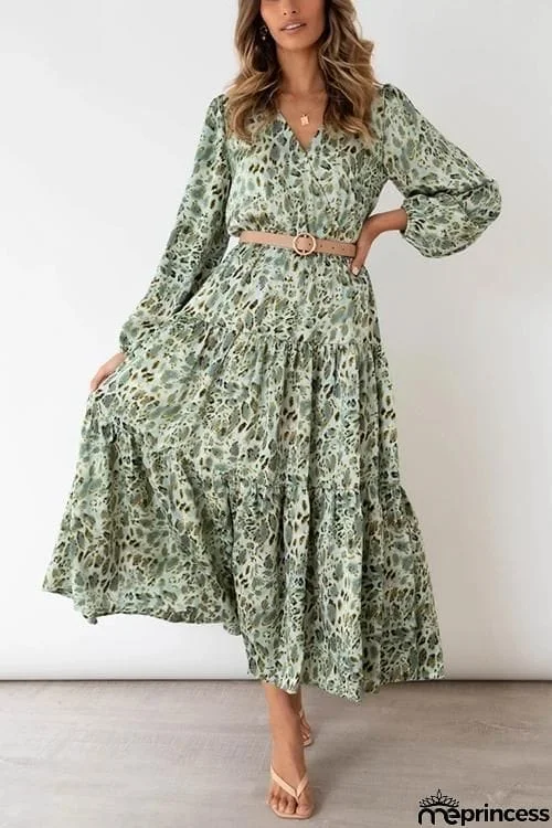 Print Belted Long Sleeve Maxi Dress