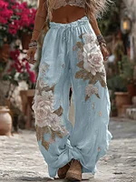 Women's Vintage Romantic White Rose Embroidery Art Comfy Linen Pants - Image 4