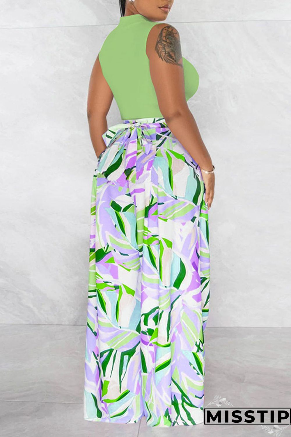 Light Green Casual Print Patchwork O Neck Sleeveless Two Pieces
