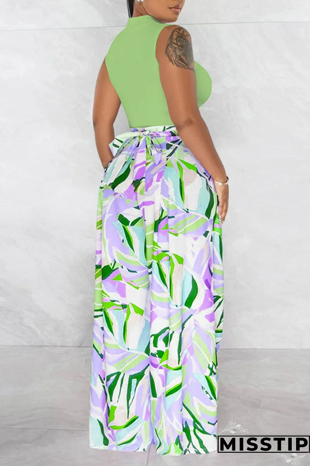 Light Green Casual Print Patchwork O Neck Sleeveless Two Pieces