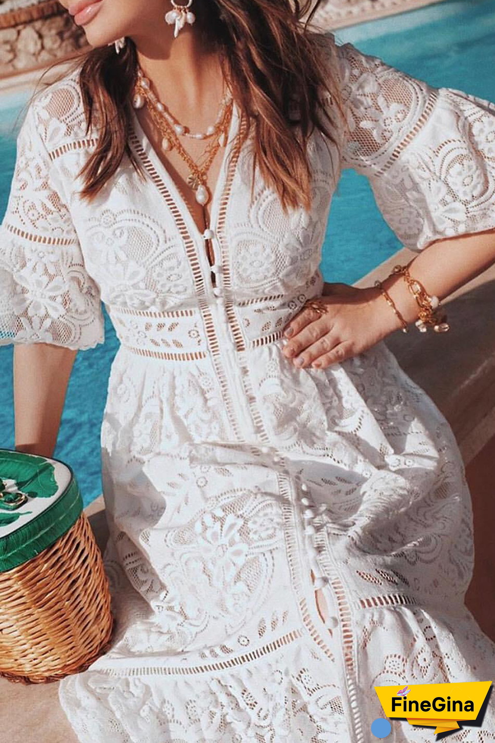 Casual Solid Lace V Neck Lace Dress Dresses(3 colors)