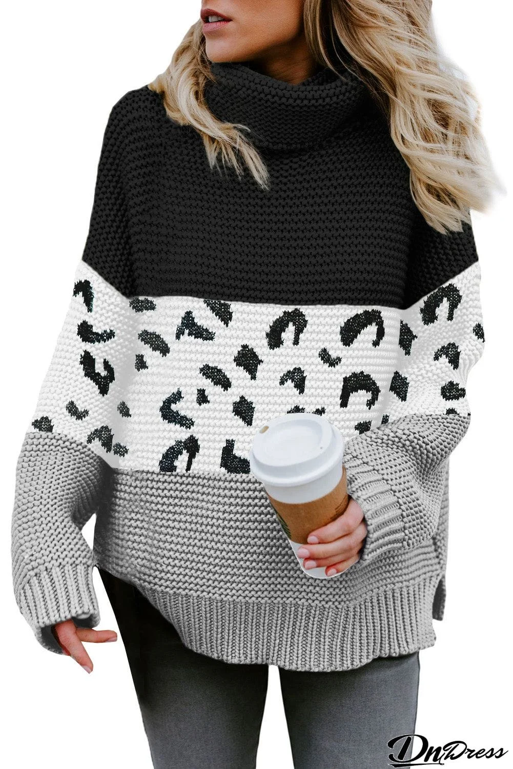 Turtleneck Splicing Chunky Knit Pullover Sweater