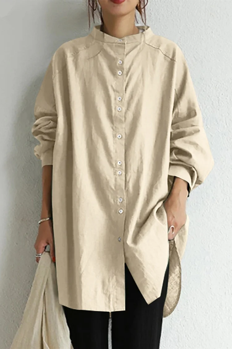 High Neck Long Puffy Sleeve Button Linen Blouse