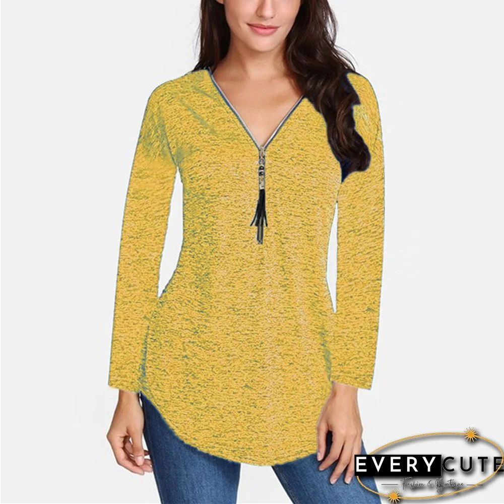 Yellow V Neck Long Sleeve Tops