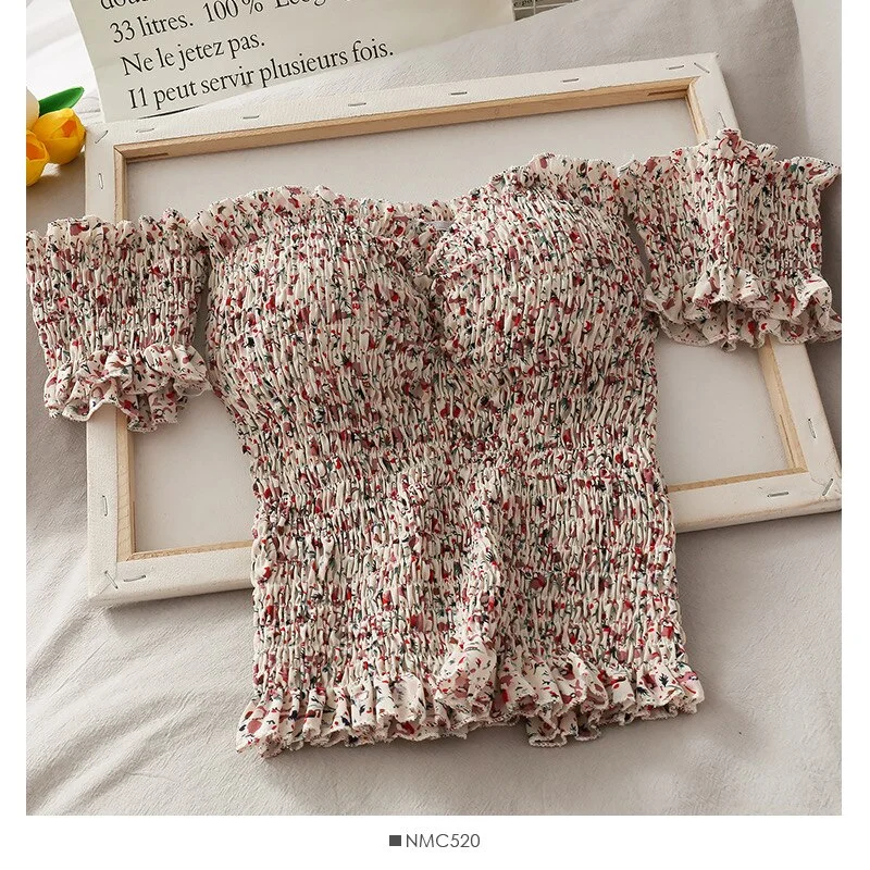 Summer strapless tube top one-shoulder top women's retro French small floral t-shirt stretch folds short crop top Slim all-match