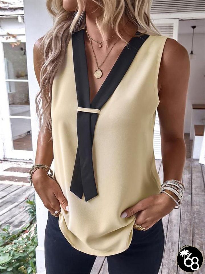 Summer Solid Color Casual Elegant New V-neck Slim Type Collision Color Sleeveless Pullover Comfortable Casual Splicing Ladies Shirt | 168DEAL