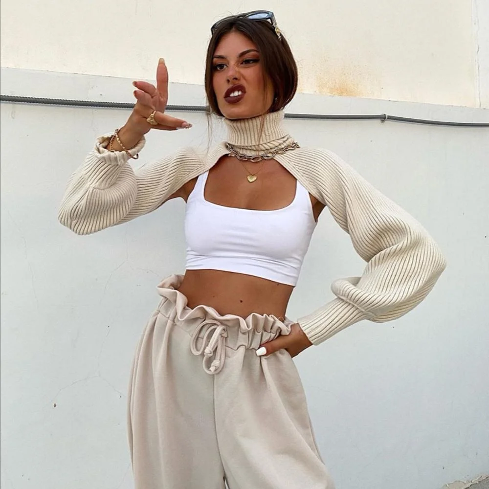 Cryptographic Fall Winter 2021 Knitted Turtleneck Women's Crop Tops Sweaters Lantern Sleeve Pullover Females Shawl Sweaters