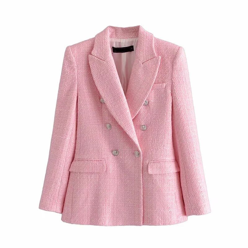 Stylish Chic Pink Double Breasted Tweed Jacket Women 2021 Fashion Pockets Turn-down Collar Coats Female Casual Outerwear