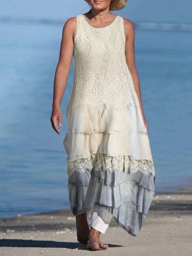 Vintage Lace Layered Linen Blend Flowy Dress