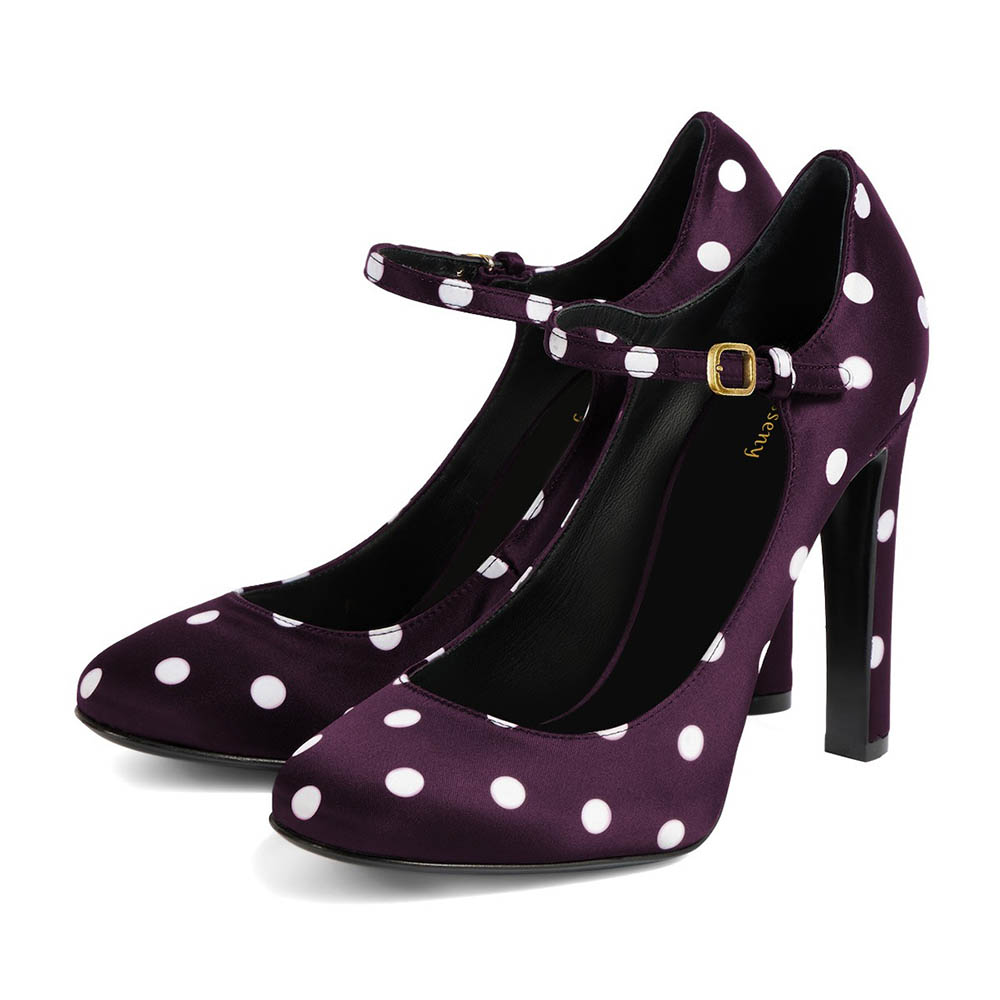 Purple & White Satin Buckle Strap Polka-Dot Round Toe Mary Jane Heels Nicepairs