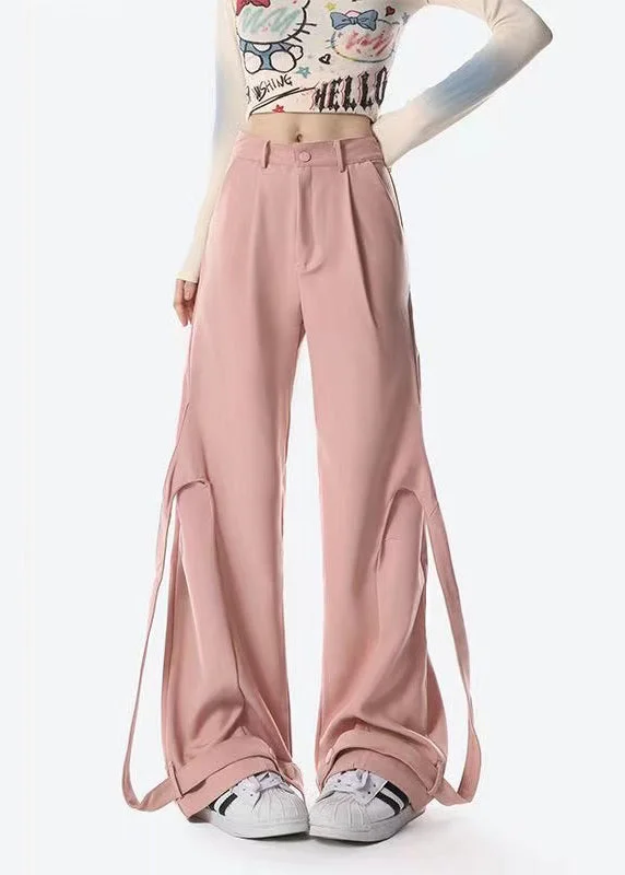 Original Design Pink Ribbon Patchwork Casual Wide Leg Pants Spring